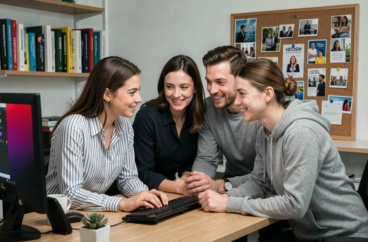 Équipe de créateurs de contenu digital de l'agence Digeetal révisant une campagne sur les réseaux sociaux dans un studio compact