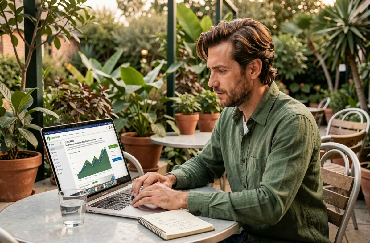 Stratège digital de Digital Garden travaillant sur une stratégie de contenu SEO en terrasse entourée de verdure