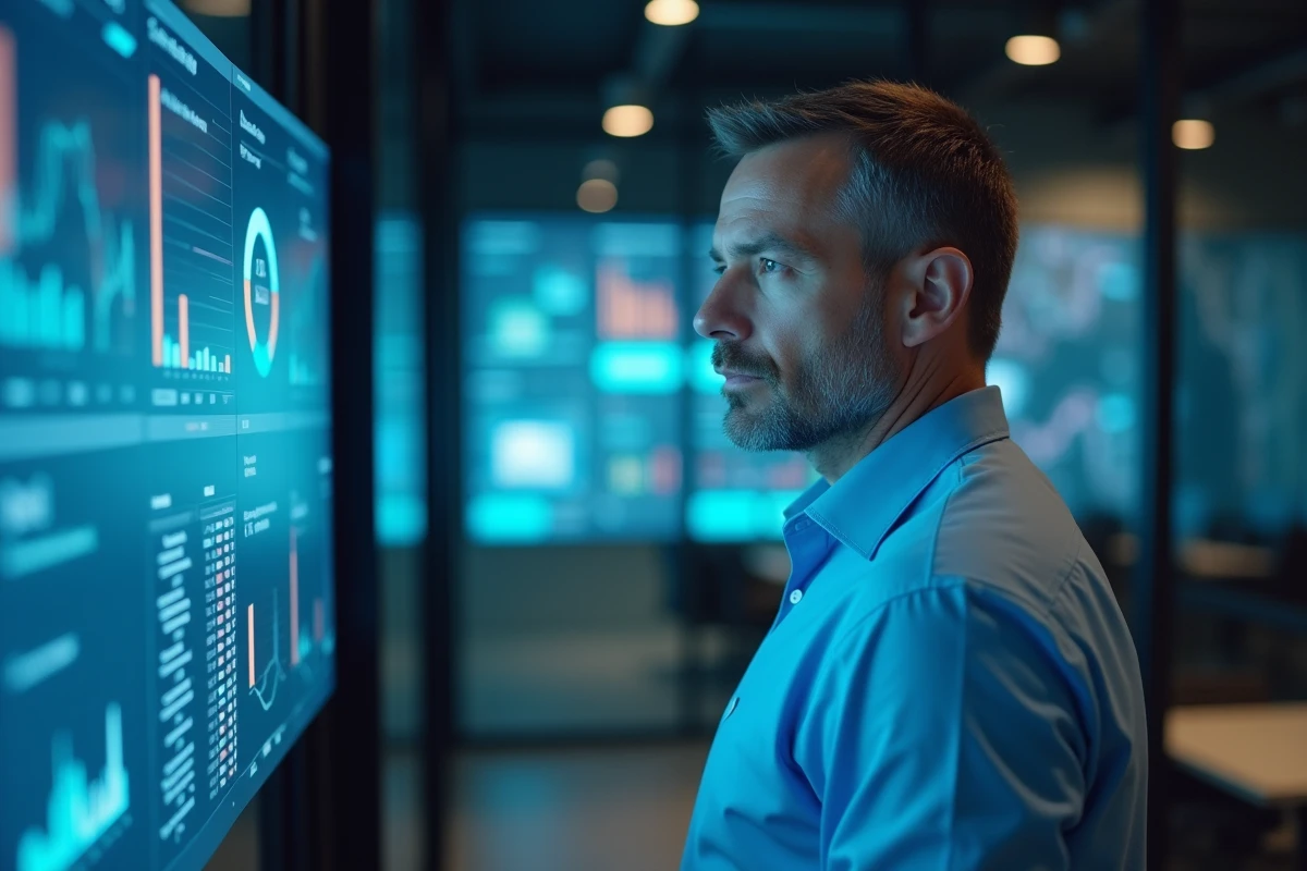 Directeur IT analysant un tableau de bord sécurisé