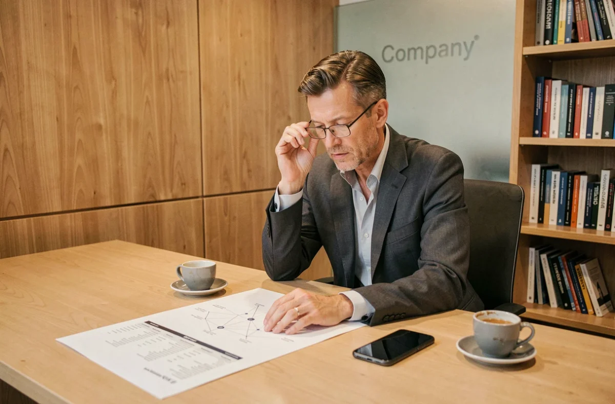Dirigeant d'entreprise analysant un réseau de contacts professionnels et une liste de décideurs dans son bureau privé