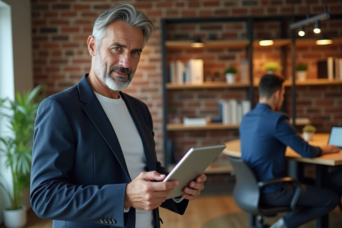 Dirigeant de PME consultant un tableau de bord SIRH SaaS nomade sur tablette dans un espace de coworking