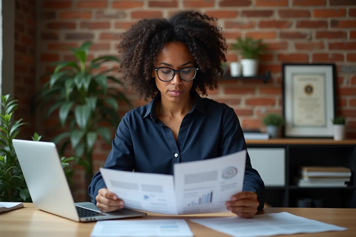 Dirigeante de PME analysant une proposition commerciale d'agence marketing avec un regard critique dans son bureau