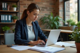 Dirigeante de TPE consultant une plateforme de rapprochement professionnel sur son ordinateur portable dans un bureau moderne