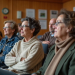 Groupe d'adultes en discussion dans une salle communautaire