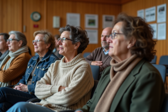 Groupe d'adultes en discussion dans une salle communautaire