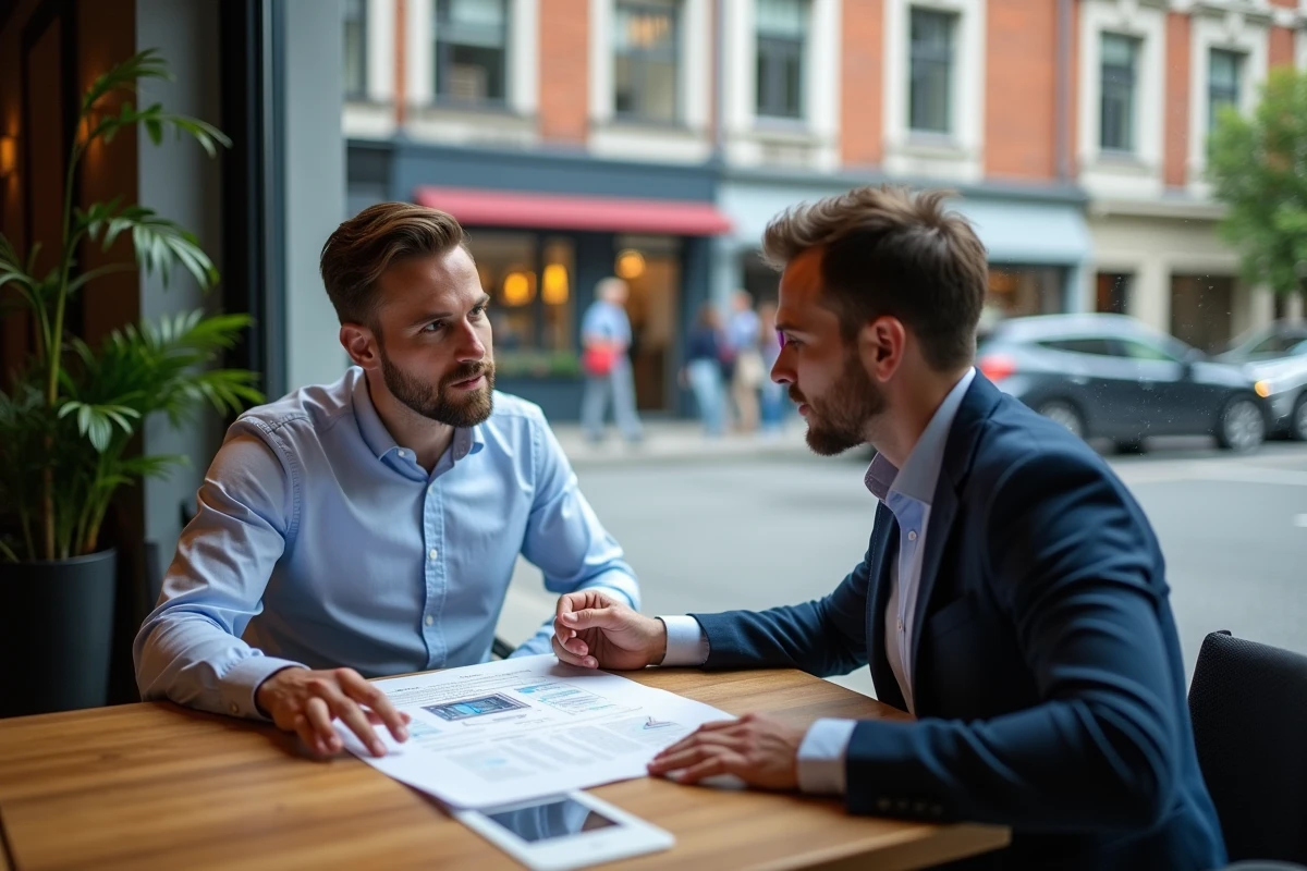 Deux hommes discutant d un design de site dans un café urbain