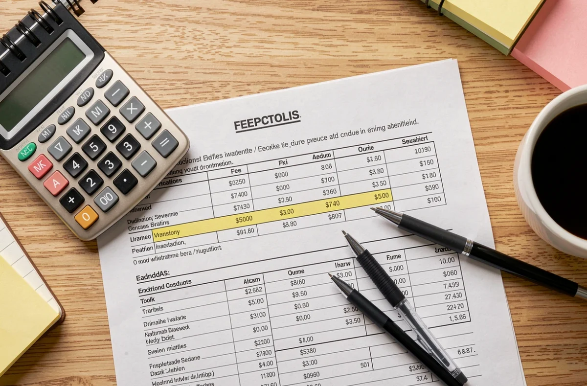 Documents de frais de gestion en portage salarial disposés sur un bureau avec calculatrice et stylo, vue de dessus