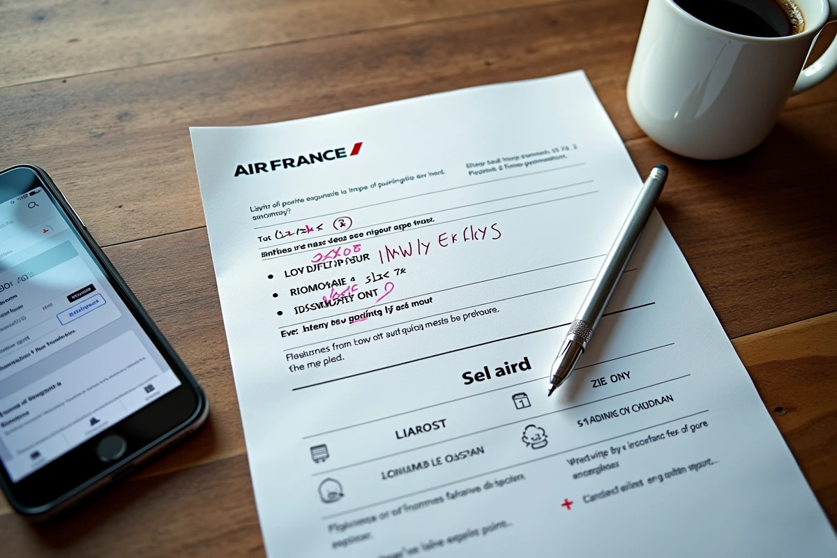 Vue de dessus d'un bureau avec des documents du programme GPnet Air France annotés, un smartphone et une tasse de café