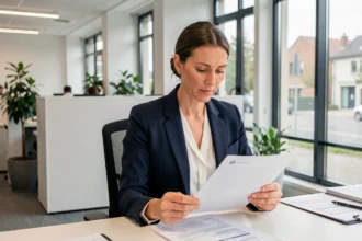 Femme d'affaires consultant des documents de domiciliation d'entreprise dans un espace de coworking en Essonne
