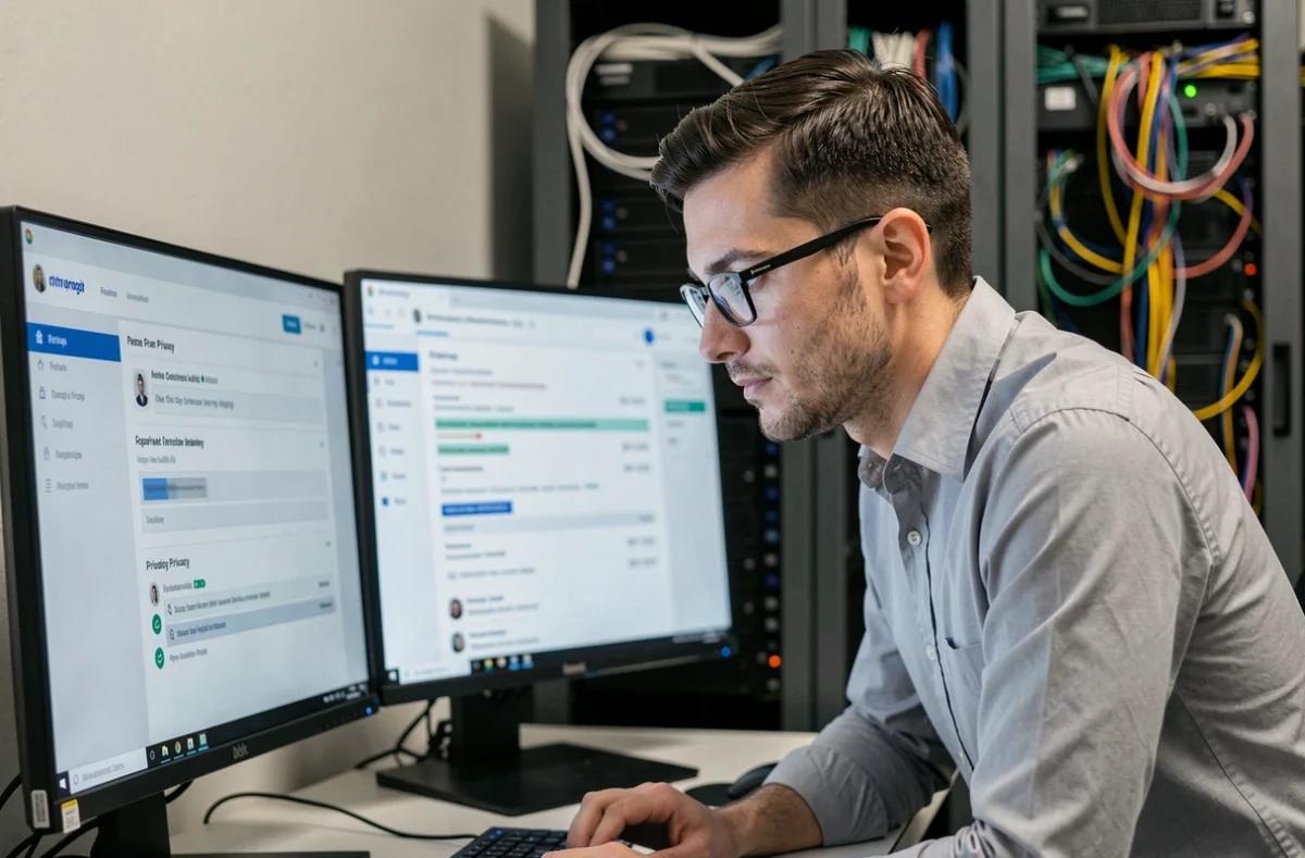 Technicien informatique consultant les paramètres de confidentialité des données sur extranet d'entreprise