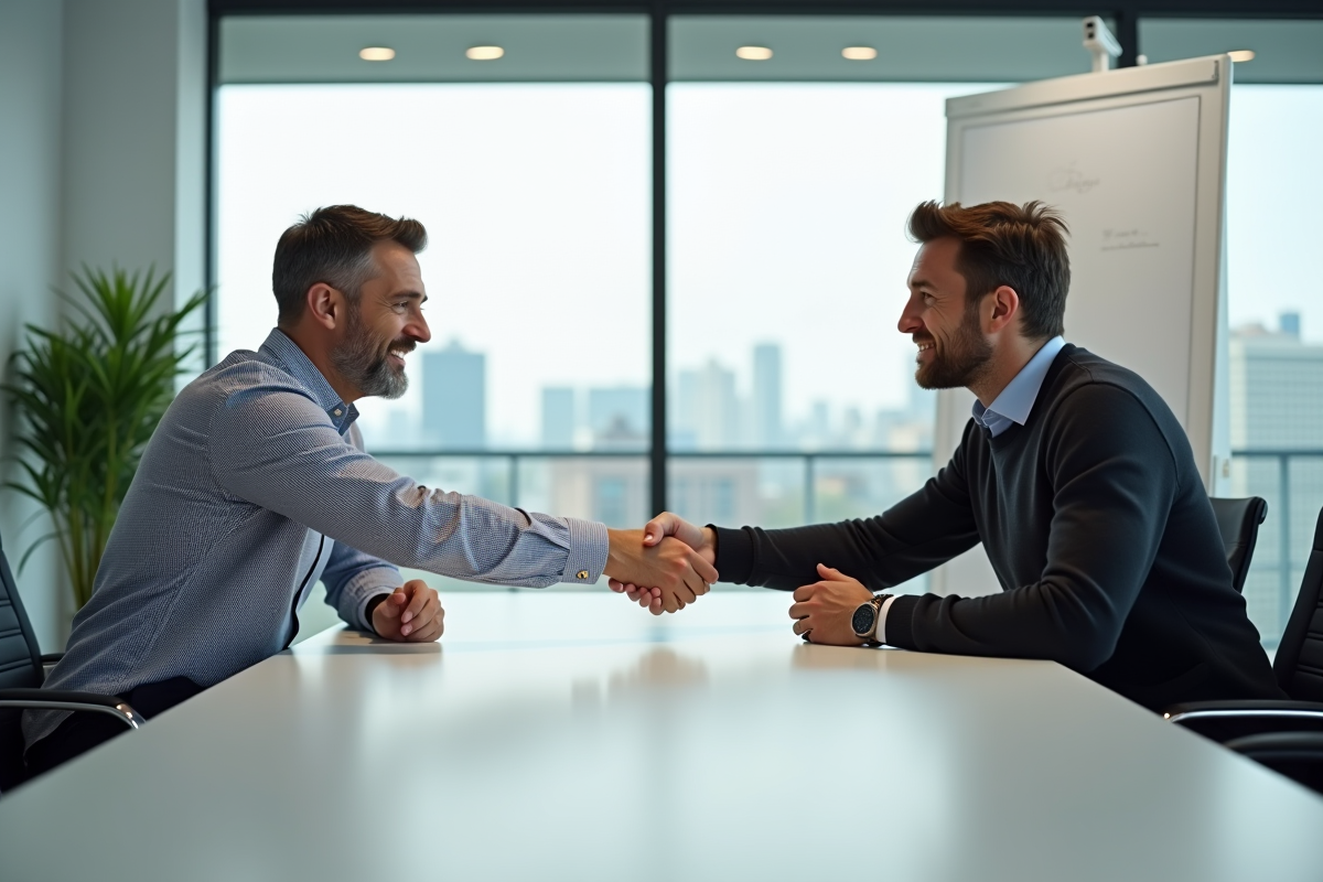Deux hommes se serrant la main dans une salle de mediation