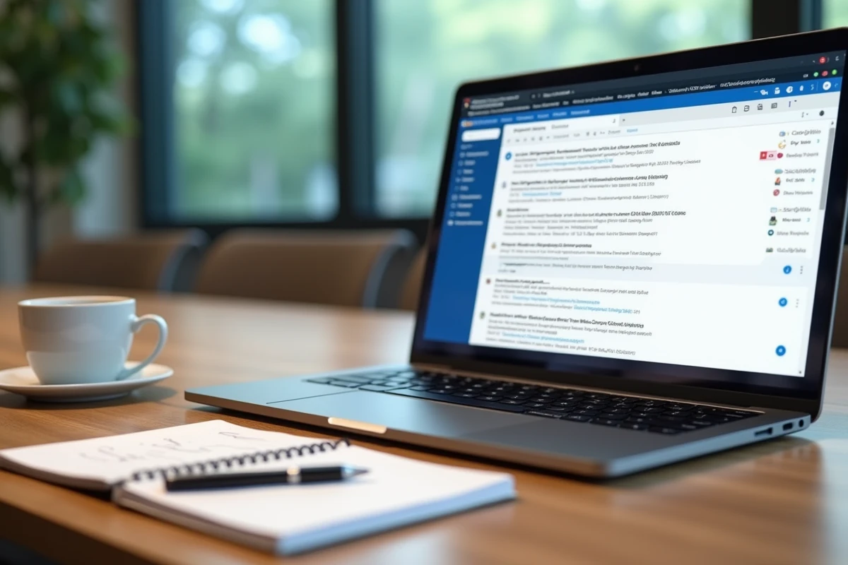Écran de messagerie Zimbra ouvert sur un ordinateur portable avec dossiers organisés et fil de discussion douane sur une table de réunion
