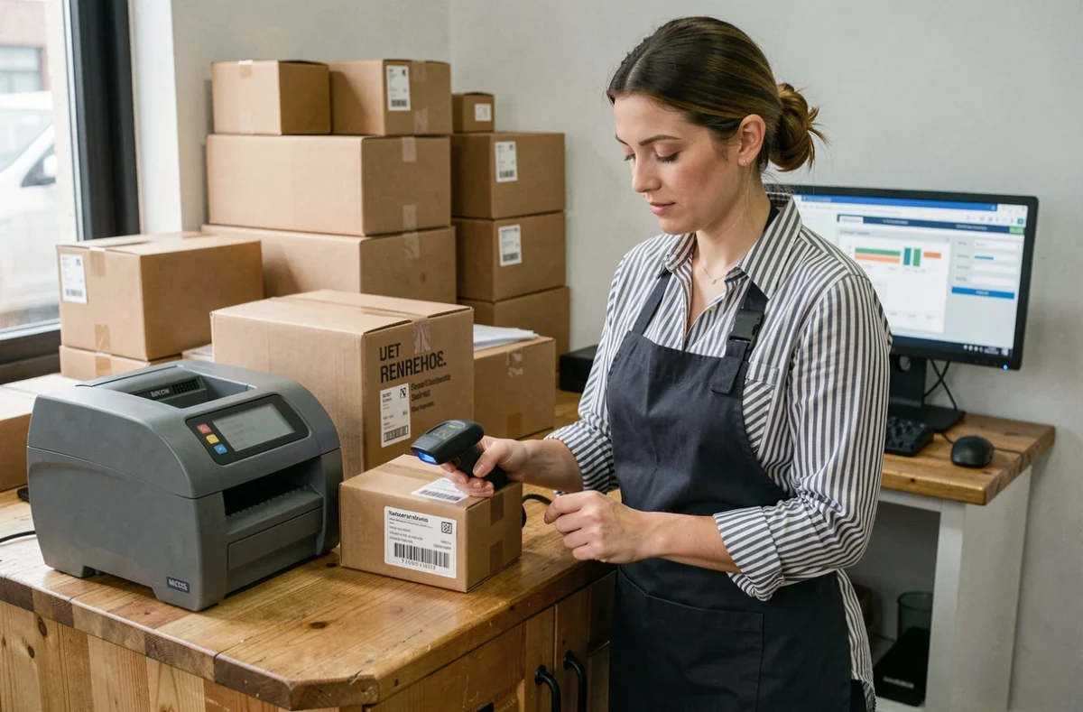 Employée scannant un colis au comptoir d'un point relais Mondial Relay à Lyon 8 avec un scanner portable