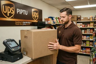 Employé UPS en point relais manipulant un grand colis volumineux derrière le comptoir d'une boutique partenaire