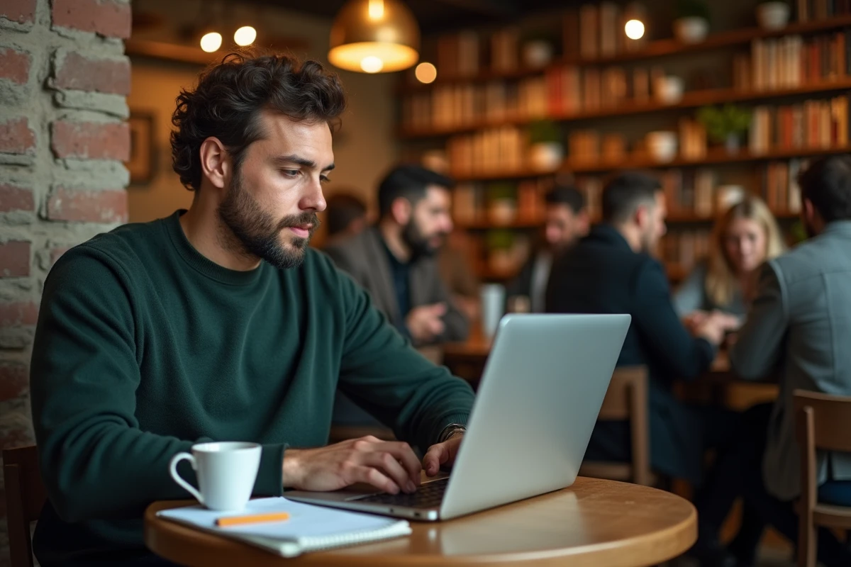 Entrepreneur concentré travaillant sur son projet d'entreprise 2026 dans un café avec un ordinateur portable et des notes manuscrites