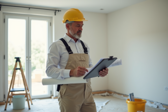 Hommes en travaux vérifiant des documents d'assurance dans un appartement rénové