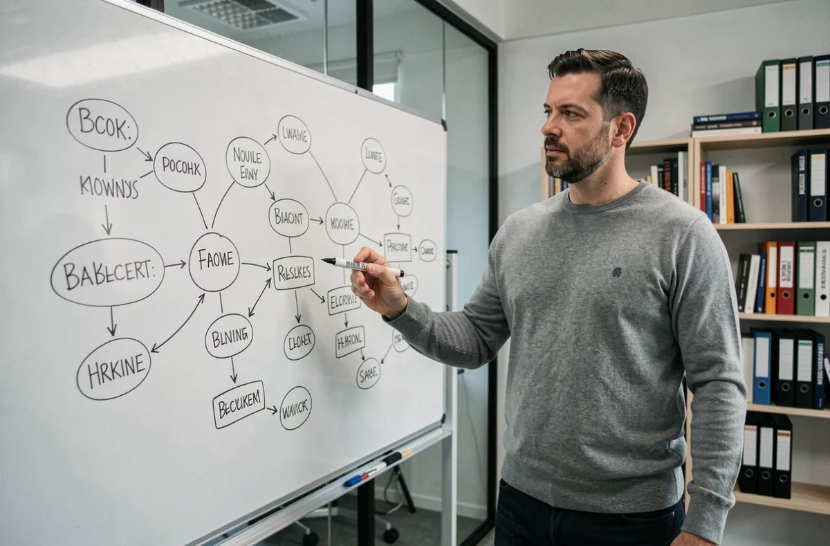 Entrepreneur masculin présentant un schéma de business model sur un tableau blanc dans un bureau de startup minimaliste