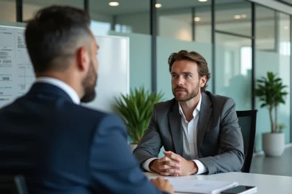 Responsable RH et manager en entretien d'évaluation de performance dans un bureau moderne, illustrant le principe de Peter en entreprise
