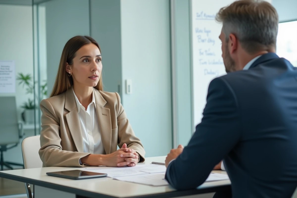 Entretien professionnel entre un manager et une employée dans une salle de réunion vitrée en entreprise