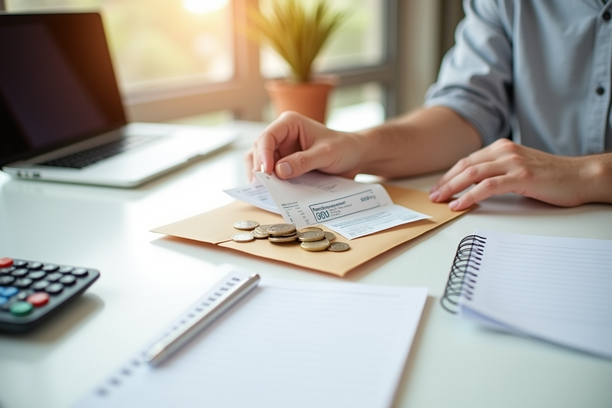 Main déposant des euros dans une enveloppe de remboursement sur un bureau