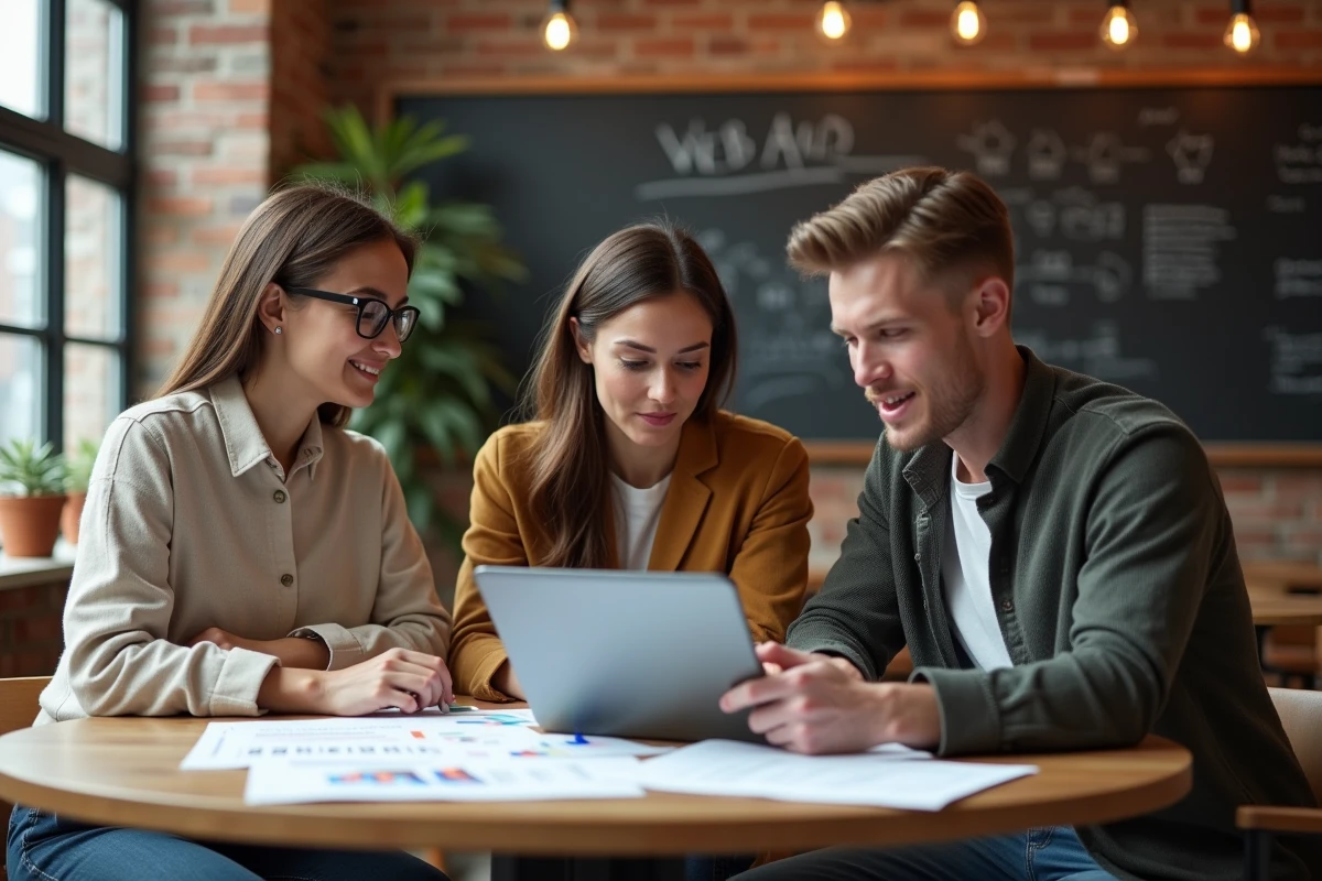 Équipe d'une agence web collaborant sur un suivi de projet client à long terme dans un espace de travail moderne