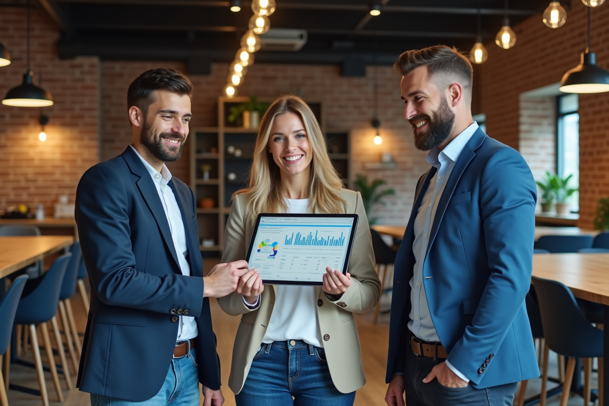 Groupe de marketeurs discutant autour d un ecran d analytics