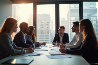 Groupe de professionnels en réunion dans un bureau moderne
