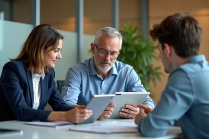 Equipe de professionnels autour d'une table avec tablettes digitales