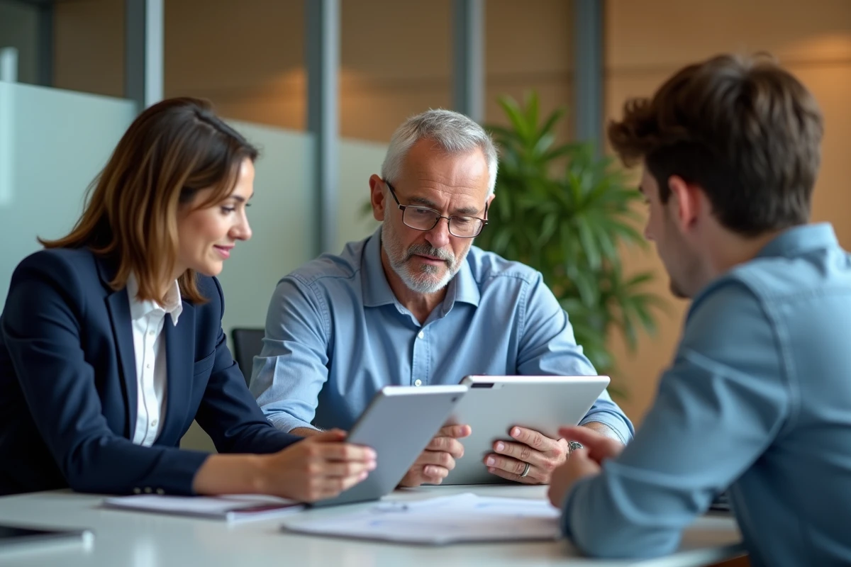 Equipe de professionnels autour d'une table avec tablettes digitales