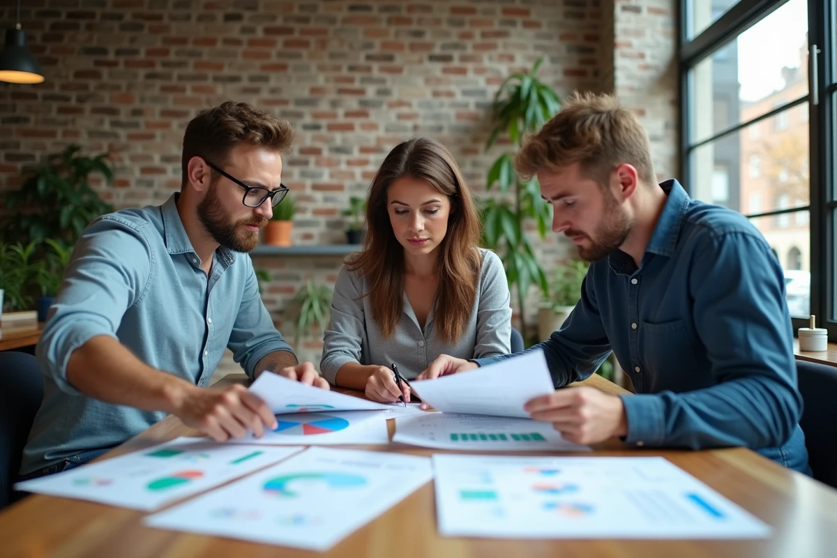 Groupe de trois personnes discutant de graphiques et documents
