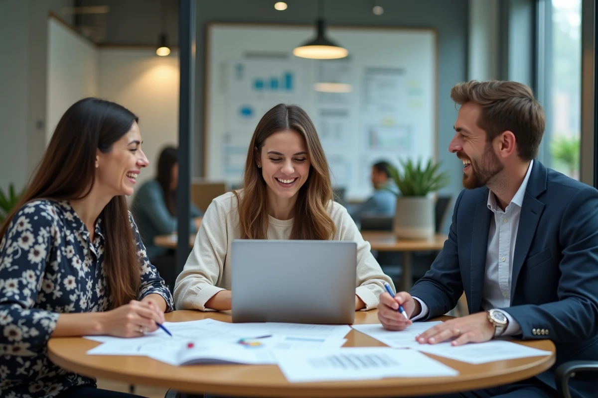 Équipe RH d'une PME en réunion autour d'un logiciel SIRH SaaS nomade pour optimiser la gestion des ressources humaines