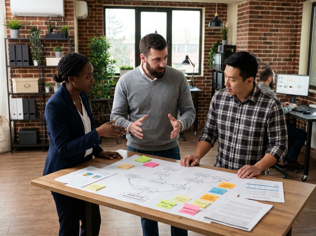 Équipe professionnelle en réunion collaborative pour définir une stratégie de certification d'entreprise