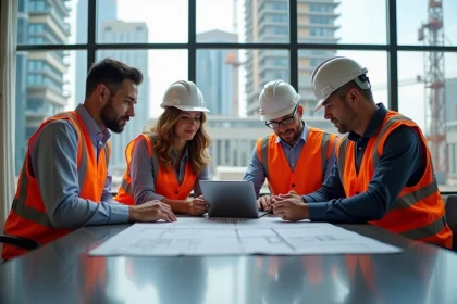 Groupe de gestionnaires de chantier en réunion sur un bureau moderne