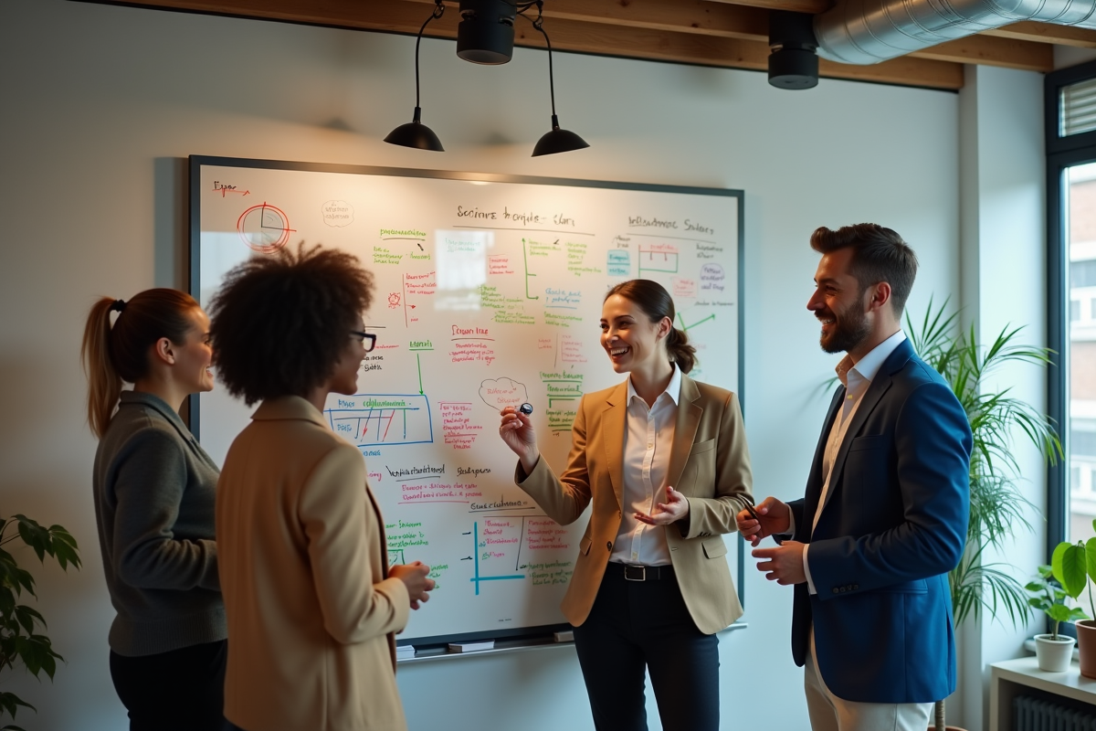 Groupe de quatre professionnels discutant autour d