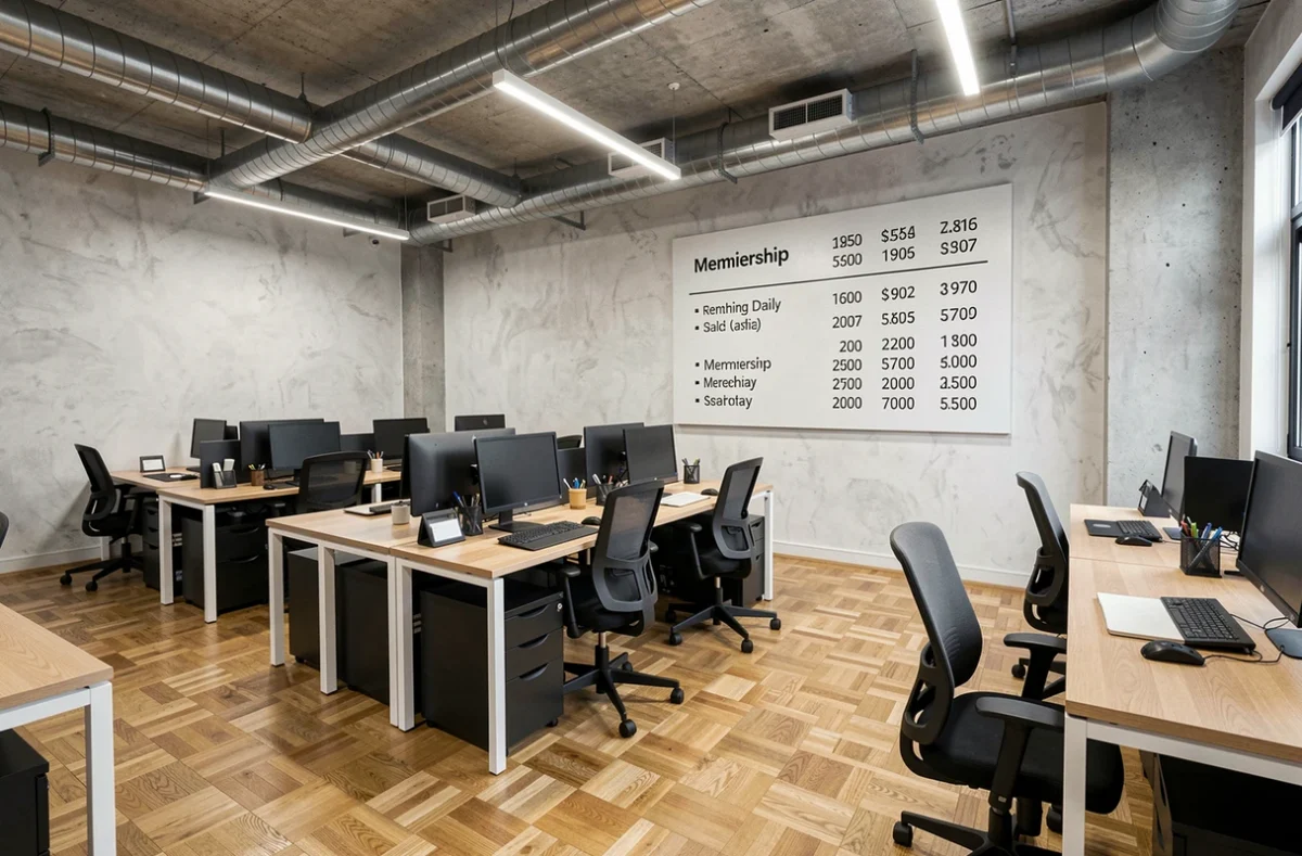 Vue d'ensemble d'un espace de coworking de style Le Patio avec postes de travail individuels et tableau des prix affiché au mur