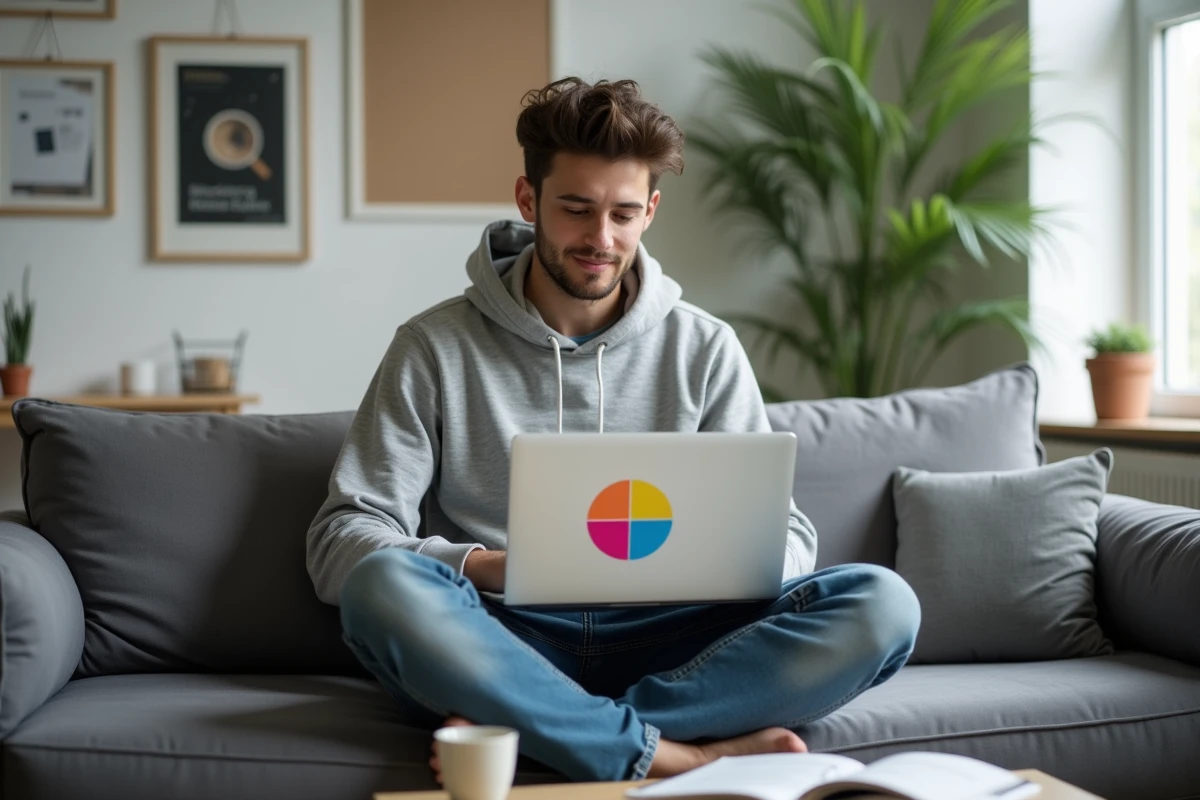 Étudiant en BTS révisant le marketing mix sur son ordinateur portable dans son appartement