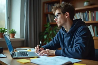 Étudiant entrepreneur travaillant sur un projet rentable dans sa chambre universitaire avec un ordinateur portable et des notes financières