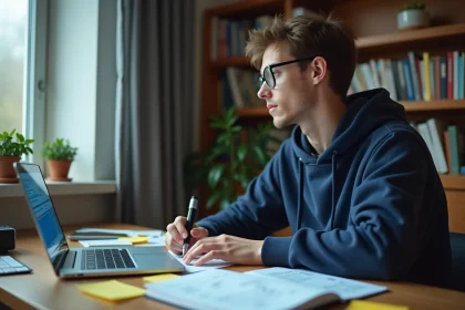 Étudiant entrepreneur travaillant sur un projet rentable dans sa chambre universitaire avec un ordinateur portable et des notes financières