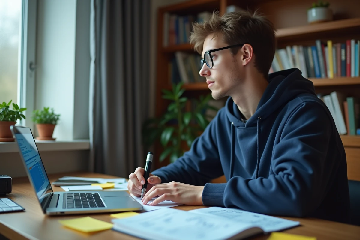 Étudiant entrepreneur travaillant sur un projet rentable dans sa chambre universitaire avec un ordinateur portable et des notes financières