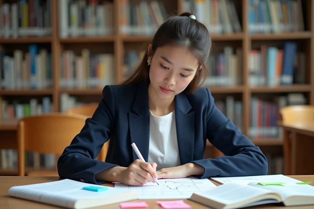Étudiante en BTS travaillant sur un schéma des 4 P du marketing à la bibliothèque universitaire