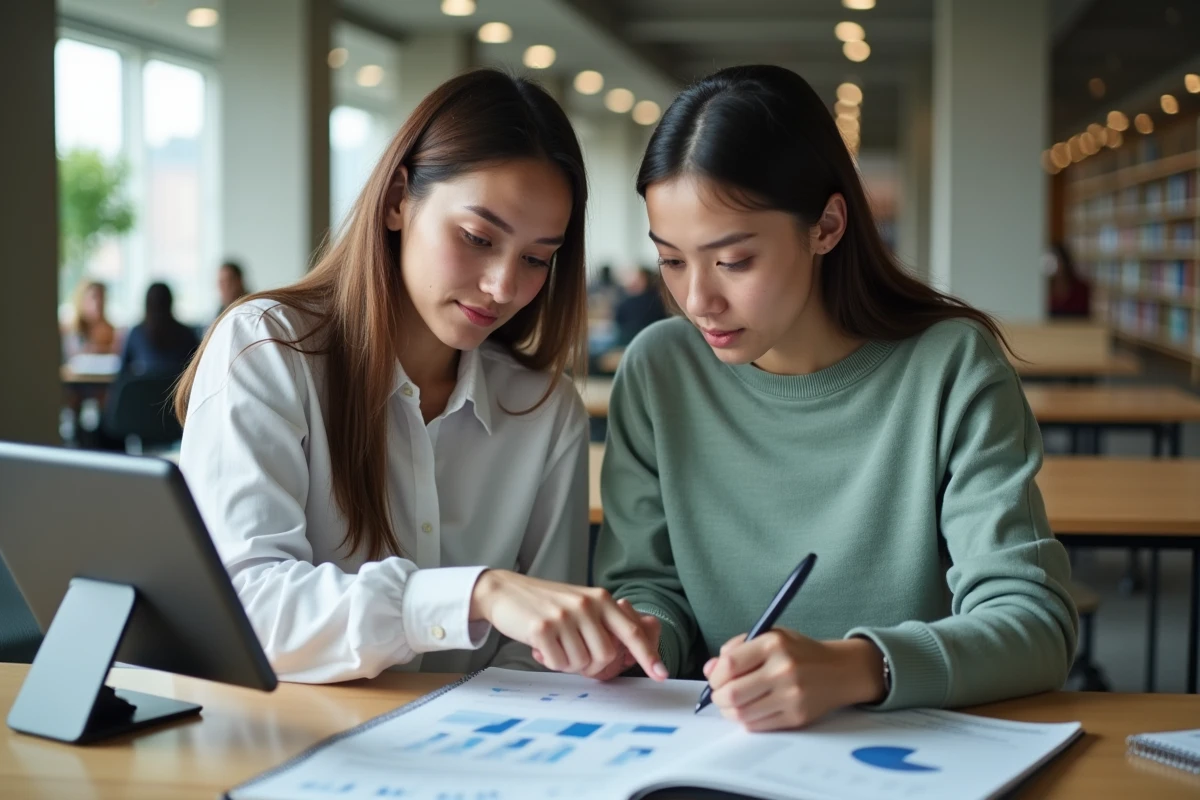 Deux étudiantes planifiant un projet entrepreneurial ensemble dans un espace de coworking universitaire moderne