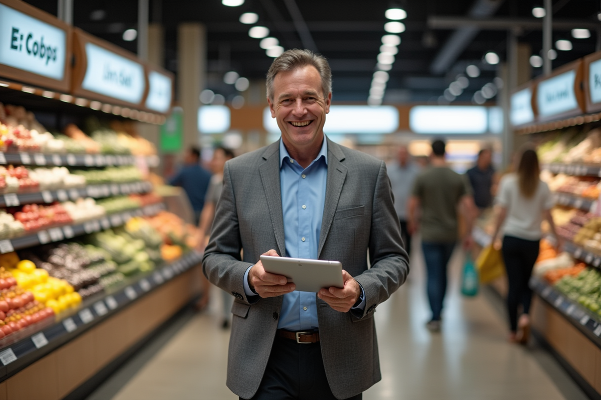 Executif en blazer dans un supermarché avec tablette