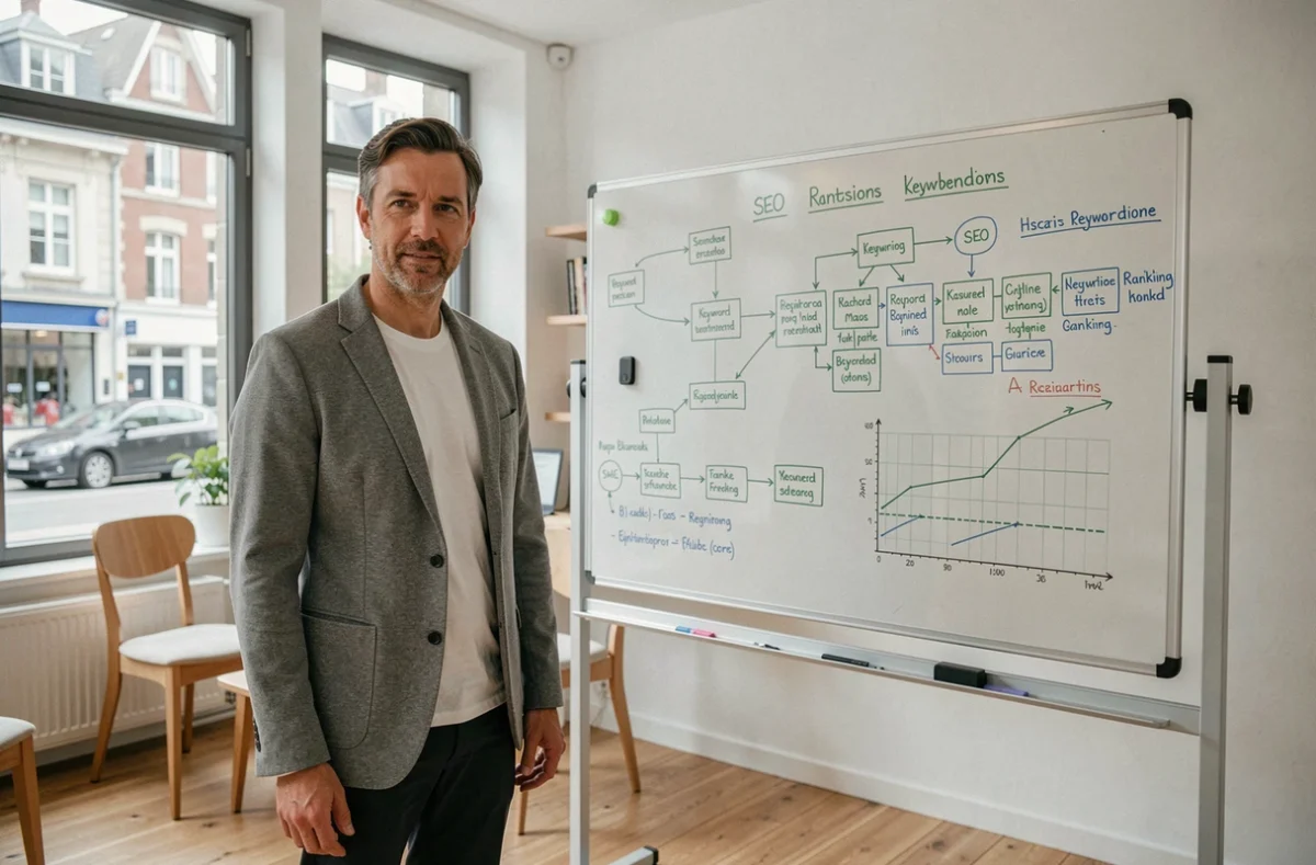 Expert SEO Cédric Guérin présentant une stratégie de référencement sur un tableau blanc dans un espace de coworking à Rennes