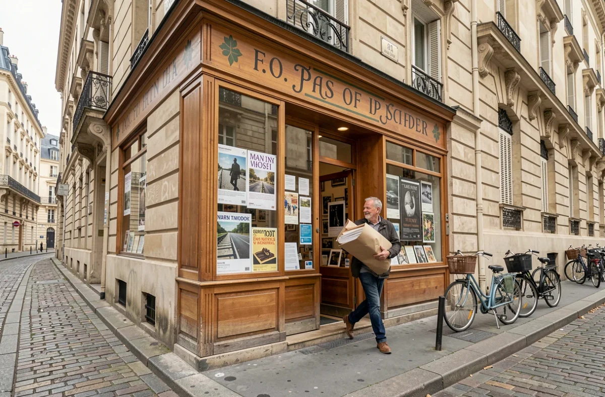 Devanture d'une imprimerie traditionnelle dans le 17e arrondissement de Paris avec un employé portant une commande d'impression