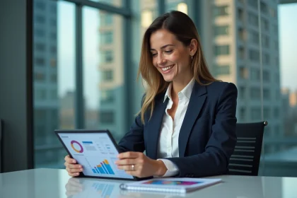 Femme d affaires souriante analysant des données marketing sur une tablette