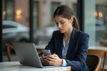 Femme d'affaires concentrée travaillant dans un café moderne