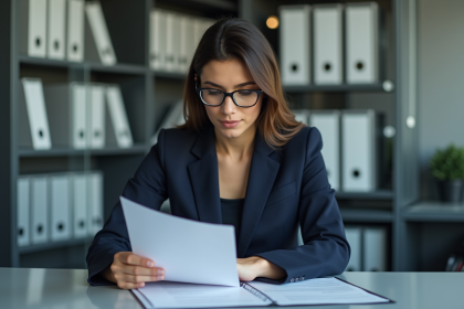 Femme d'affaires en costume vérifiant un contrat dans un bureau moderne