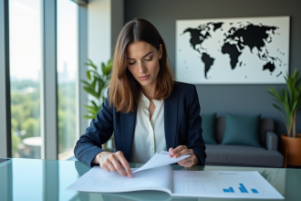 Femme d'affaires examinant des documents financiers internationaux
