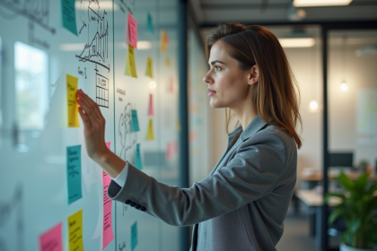 Femme d affaires examine des notes colorées dans un bureau moderne