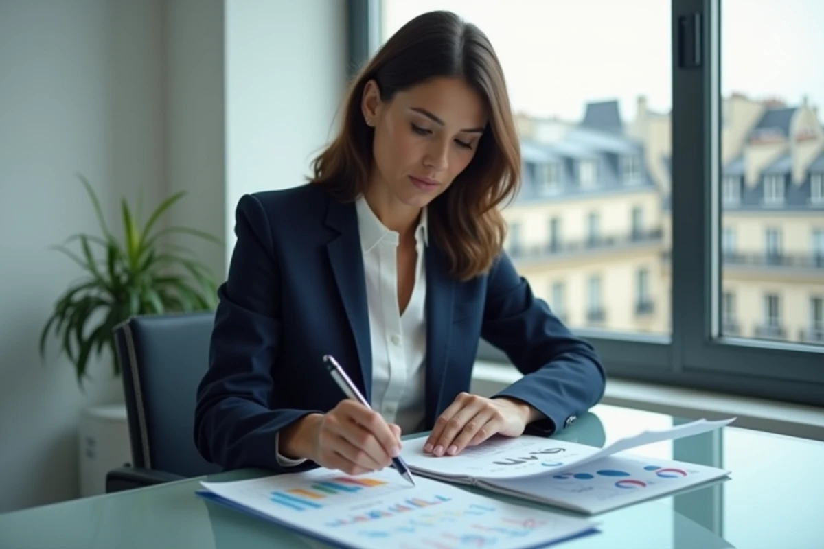 Femme d'affaires en blazer navy lisant des rapports d'entreprise